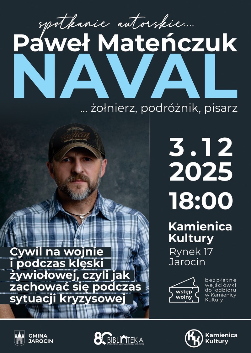 Plakat spotkania autorskiego - Kamienica Kultury w Jarocinie, 3 grudnia 2025