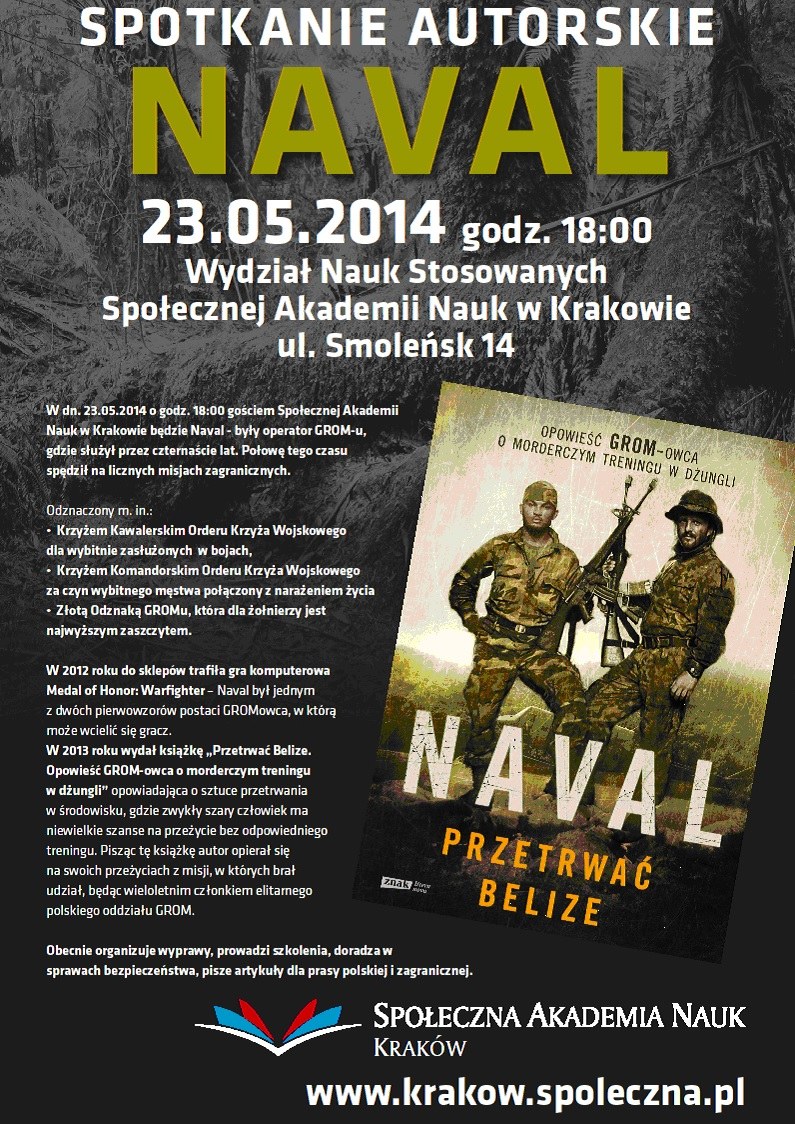 Plakat spotkania autorskiego - Społeczna Akademia Nauk w Krakowie, 23 maja 2014