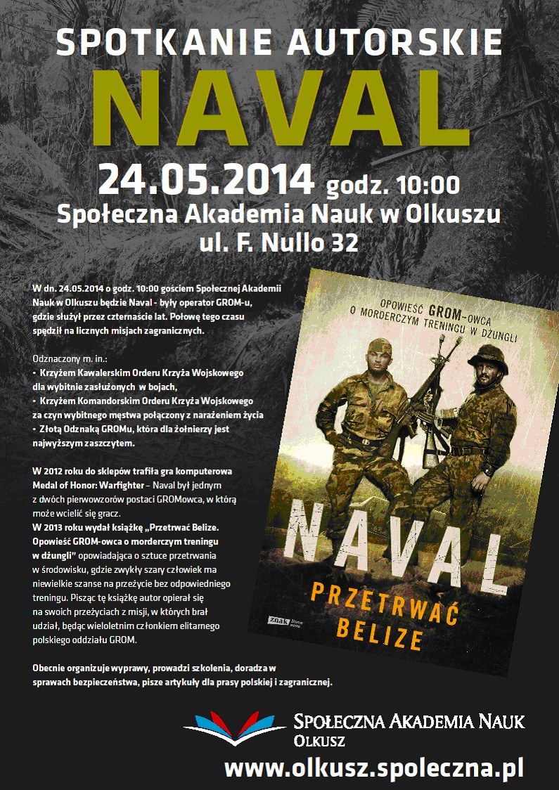 Plakat spotkania autorskiego - Społeczna Akademia Nauk w Olkuszu, 24 maja 2014
