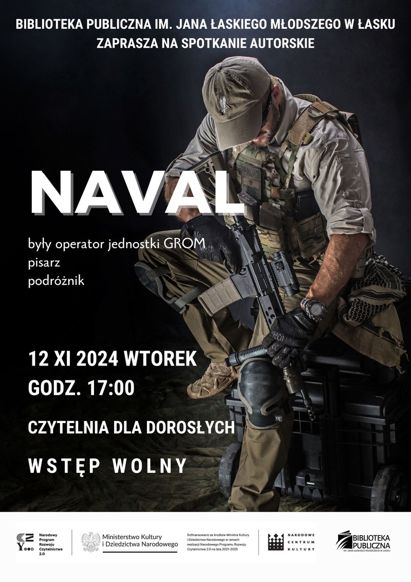 Plakat spotkania autorskiego - Biblioteka Publiczna w Łasku, 12 listopada 2024
