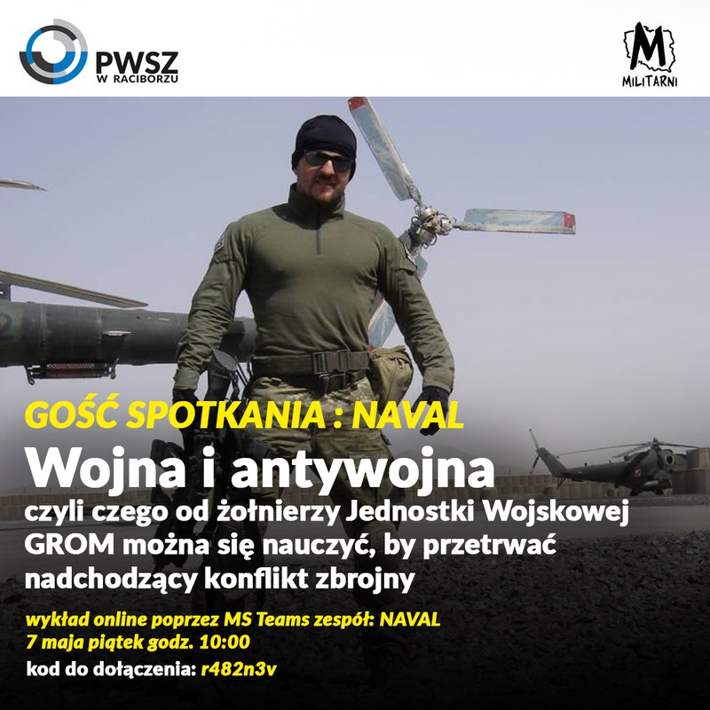 Plakat wykładu online „Wojna i antywojna" - PWSZ w Raciborzu, 7 maja