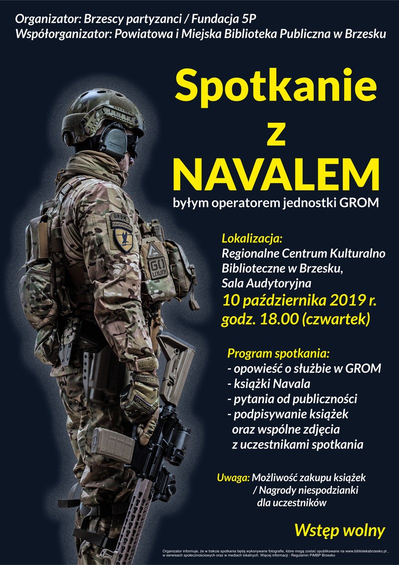Plakat spotkania autorskiego - Regionalne Centrum Kulturalno-Biblioteczne w Brzesku, 10 października 2019
