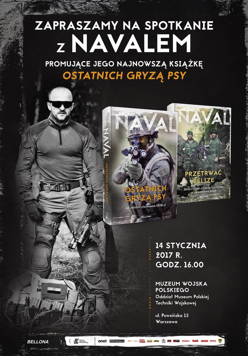 Plakat premiery książki „Ostatnich gryzą psy" - Muzeum Polskiej Techniki Wojskowej w Warszawie, 14 stycznia 2017