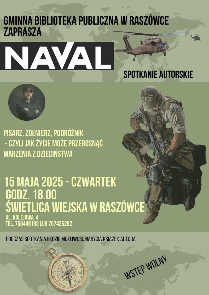 Plakat spotkania autorskiego - świetlica wiejska w Raszówce, 15 maja 2025
