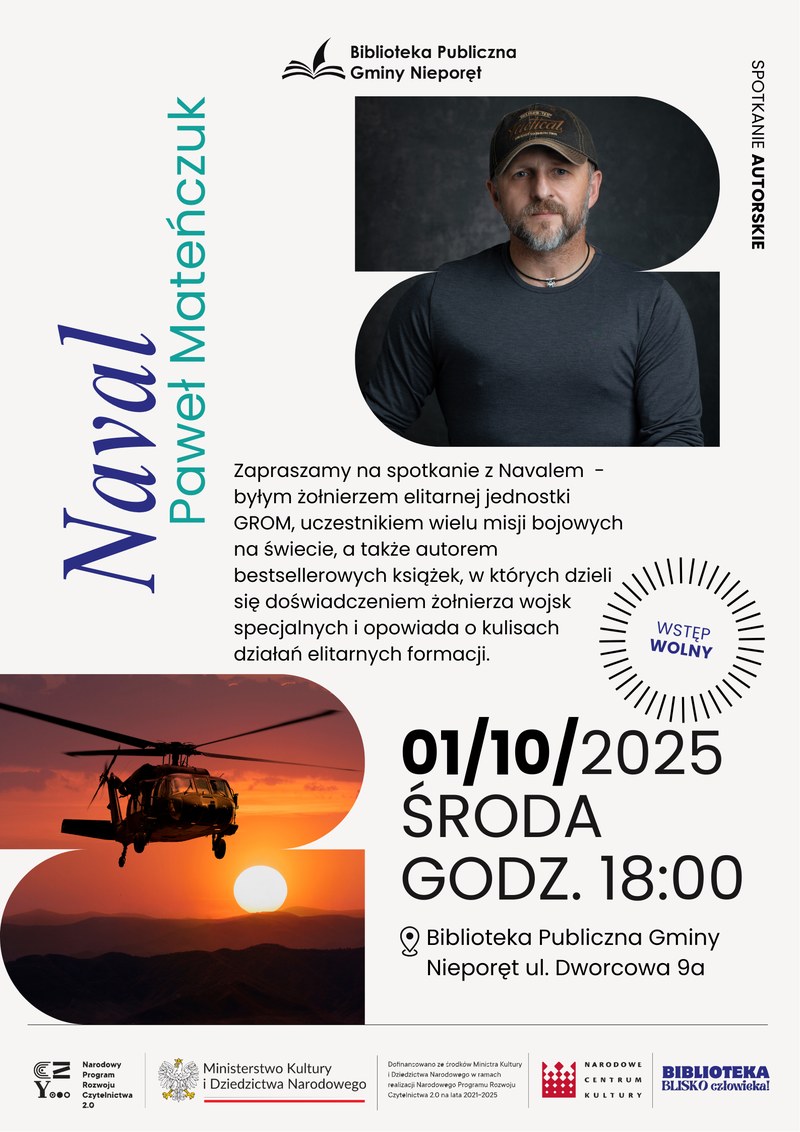 Plakat spotkania autorskiego - Biblioteka Publiczna Gminy Nieporęt, 1 października 2025