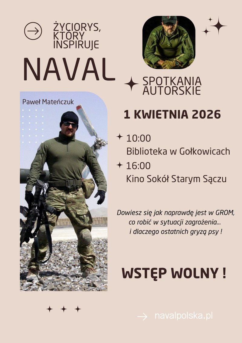 Plakat spotkań autorskich w Gołkowicach i Starym Sączu, 1 kwietnia 2026