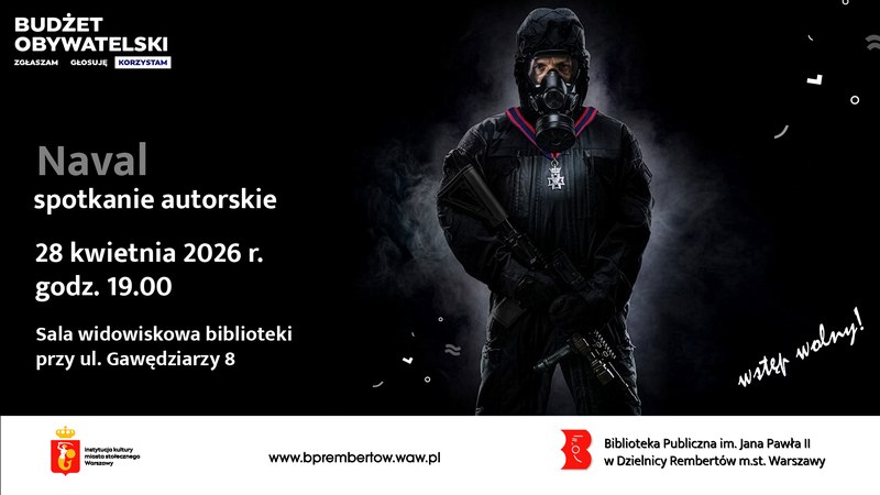 Plakat spotkania autorskiego w ramach budżetu obywatelskiego - Rembertów, 28 kwietnia 2026